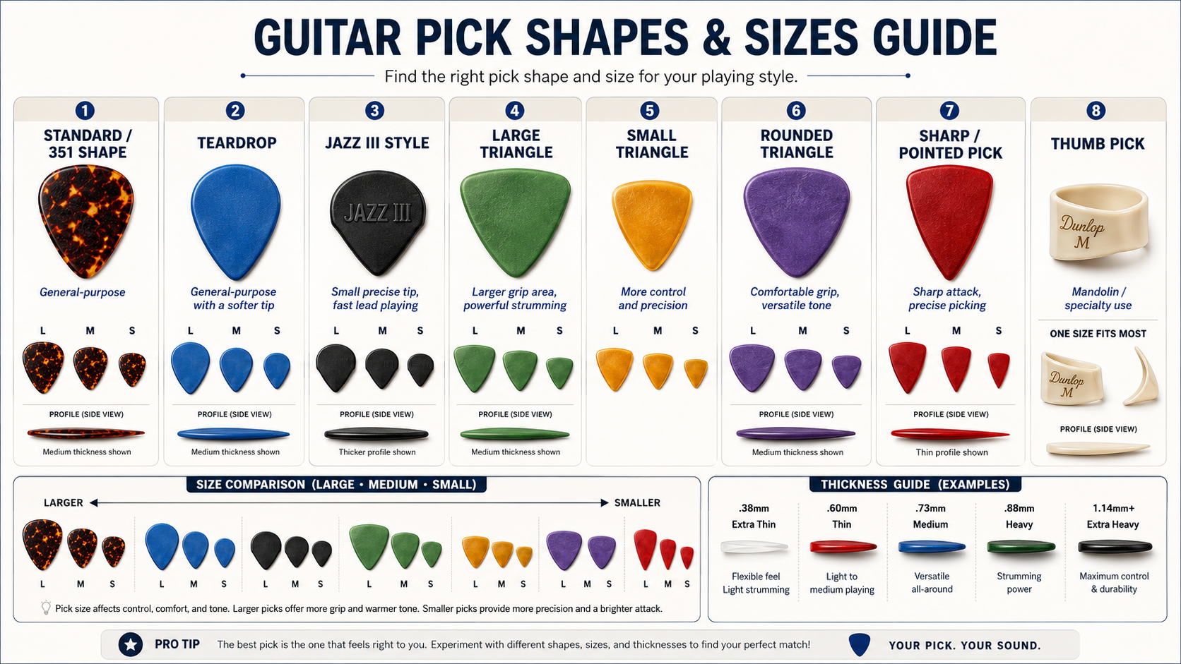 Guitar pick shapes and sizes guide showing standard 351, teardrop, Jazz III style, large triangle, small triangle, rounded triangle, sharp pointed pick, and thumb pick